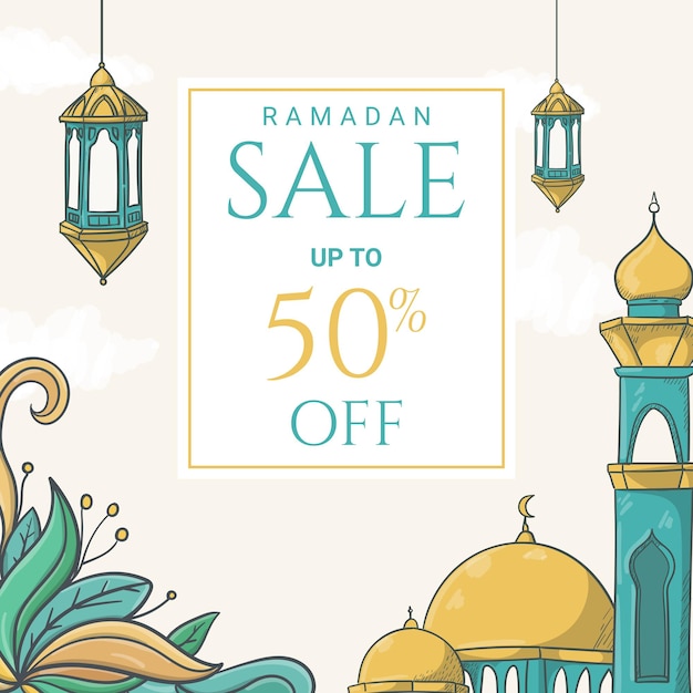 Banner di vendita ramadan kareem disegnato a mano con illustrazione ornamento islamico