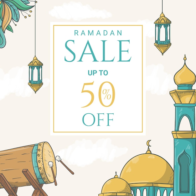 Hand drawn ramadan kareem sale banner with islamic ornament illustration