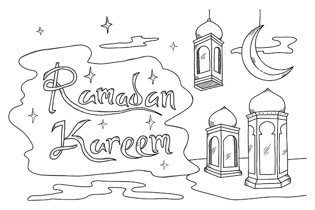 Hand drawn ramadan lantern and crescent sketch