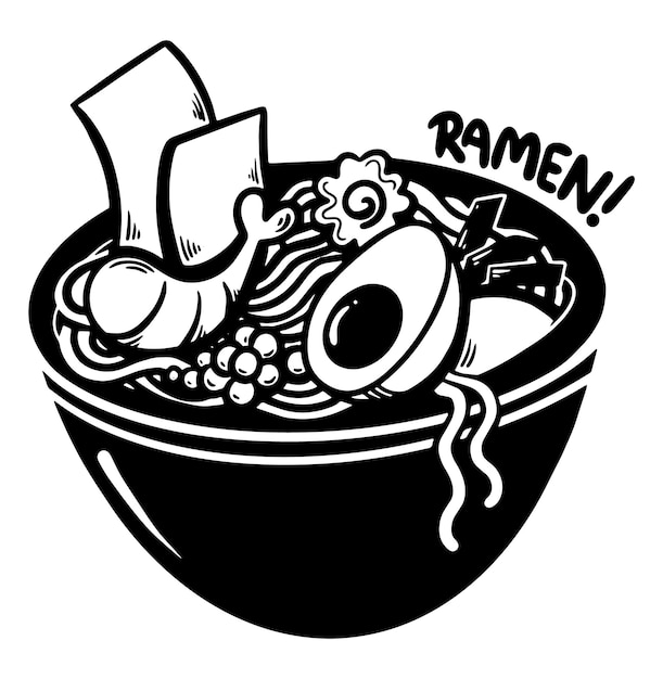 Hand drawn ramen silhouette, asian food doodle style