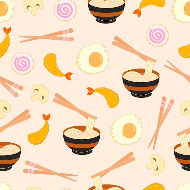 Hand drawn ramen with eggs, tempura or shrimp, fish cake, and chopstick seamless pattern