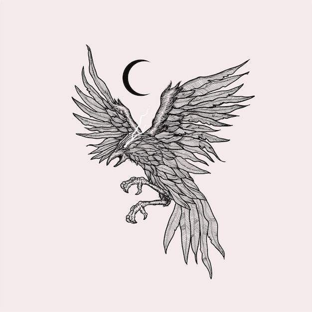 hand drawn raven flying and moon vector