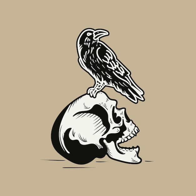 Vector hand drawn raven and skull illustration