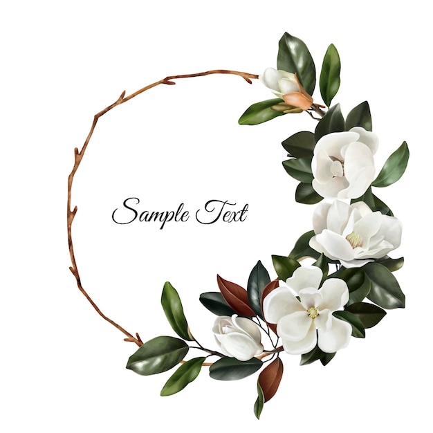 Vector hand drawn realistic floral wreath with white magnolias flowers and green leaves
