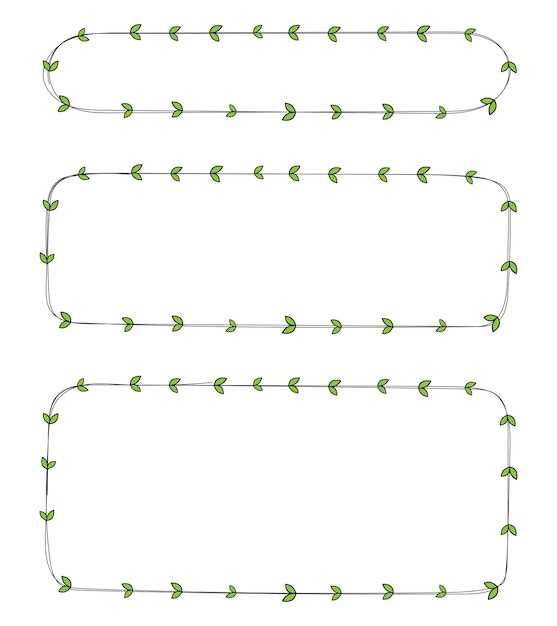 手描いた長方形のフレーム装飾要素と葉のベクトルセット