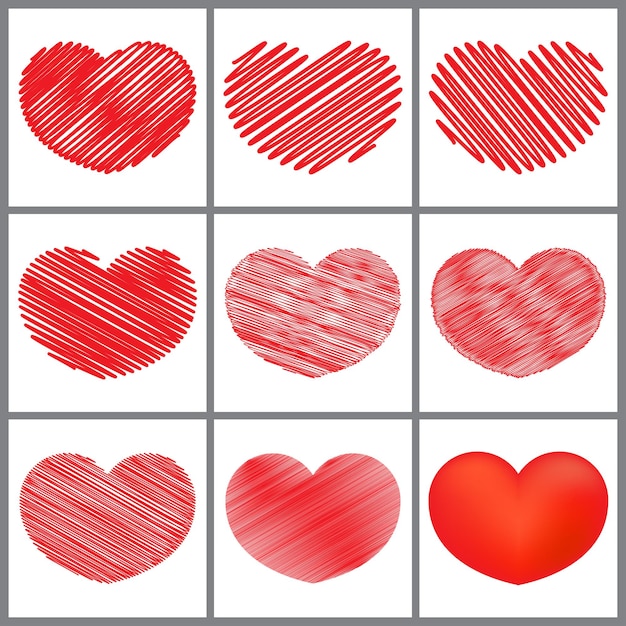 Vector hand drawn red heart doodle vector set