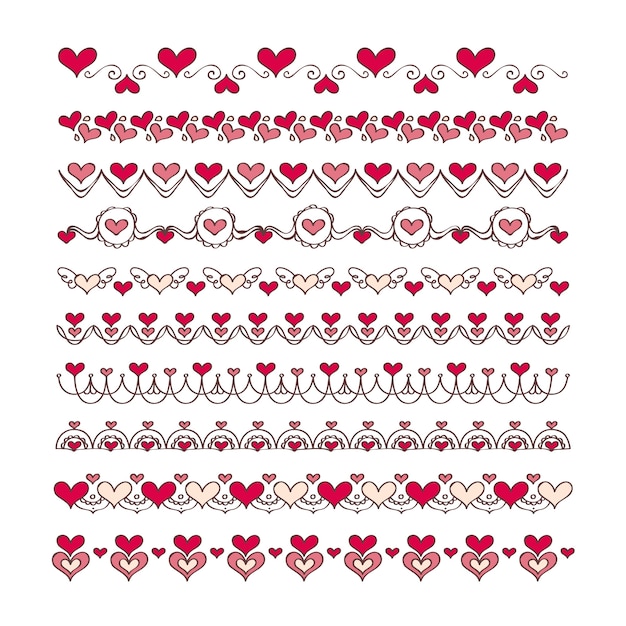 Vector hand drawn red hearts border pack