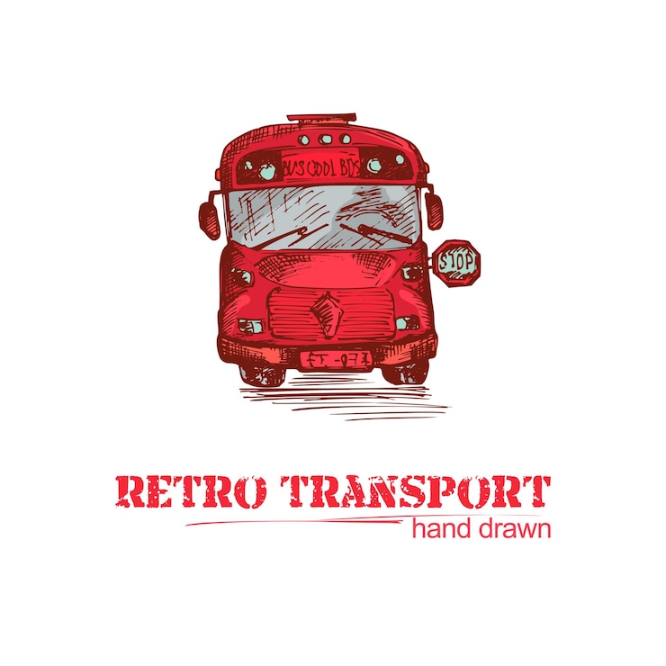 Vector hand drawn red retro bus isolated on white background vintage truck in sketch style art design for poster flayer banner illustration