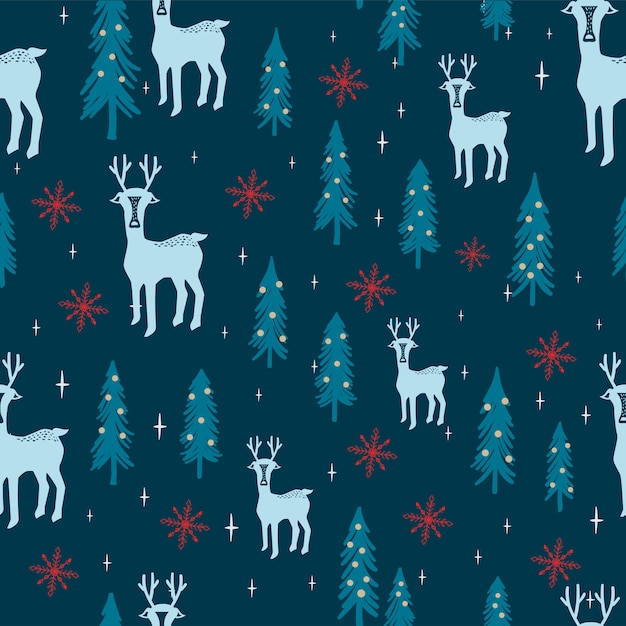 The hand drawn reindeer and night christmas tree pattern.