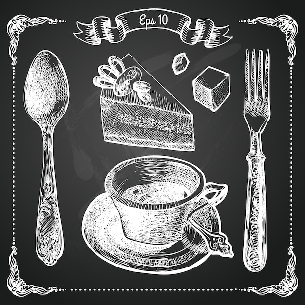 Elementi del menu del ristorante disegnati a mano gessetto a bordo tazza di caffè illustrazione vettoriale