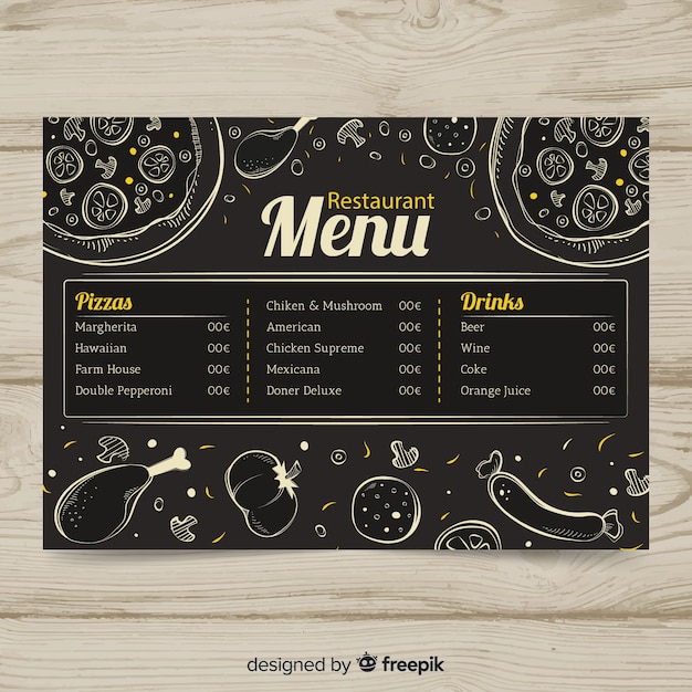 Modello di menu ristorante disegnato a mano