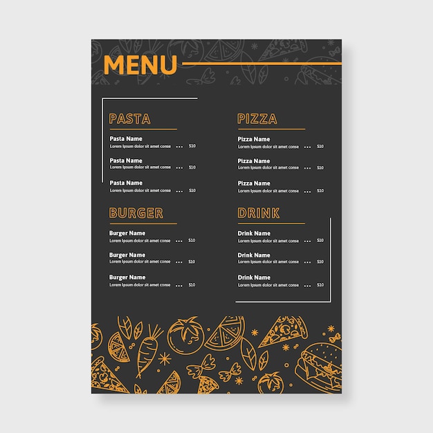 Modello di menu del ristorante disegnato a mano