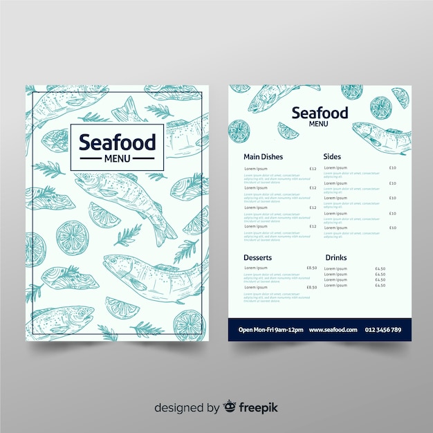 Modello di menu di pesce ristorante disegnato a mano