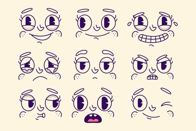 Vector hand drawn retro cartoon face illustrations