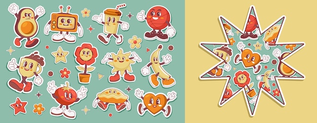 Hand drawn retro cartoon stickers and illustration