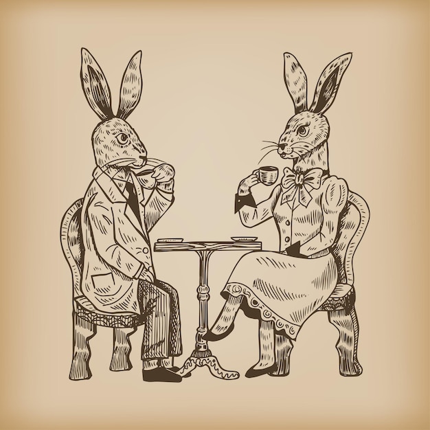 Hand drawn retro rabbits dressed up in vintage outfits having tea Vector