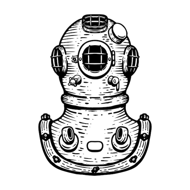 손으로 그린 레트로 스타일 다이 버 헬멧 그림 흰색 배경. 로고, 라벨, 엠 블 럼, 사인, 배지 요소. 영상