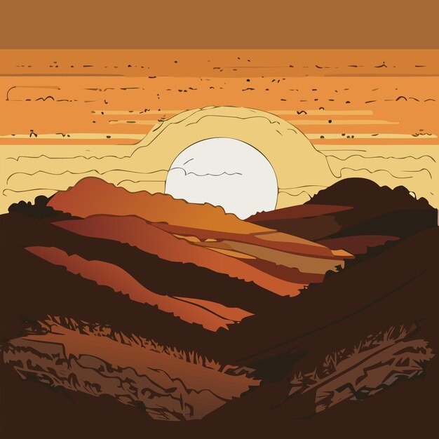 Vector hand drawn retro style sunset with hills