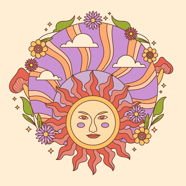 Vector hand drawn retro sun illustration