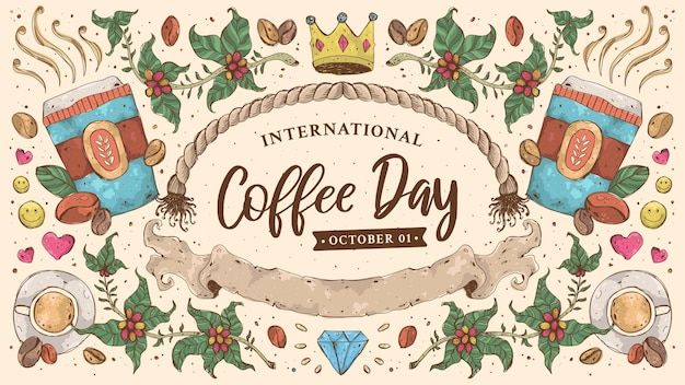 Vector hand drawn retro vintage background illustration for international coffee day