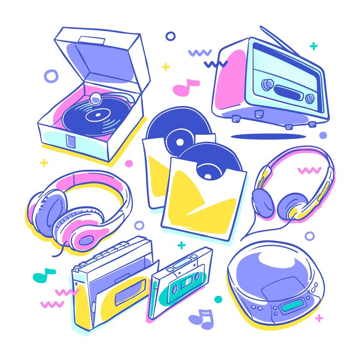 鮮やかな色の手描きのレトロとヴィンテージの音楽プレーヤーコレクション