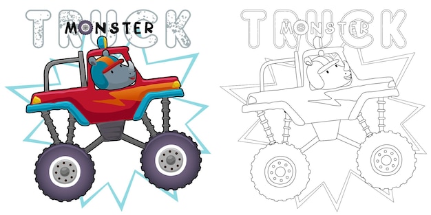 Hand drawn of rhino cartoon on monster truck coloring book or page