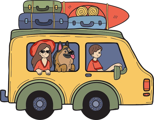 Hand Drawn Road trip van illustration in doodle style