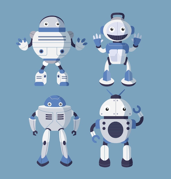 Hand drawn robot character with different poses collection cartoon robot icon set