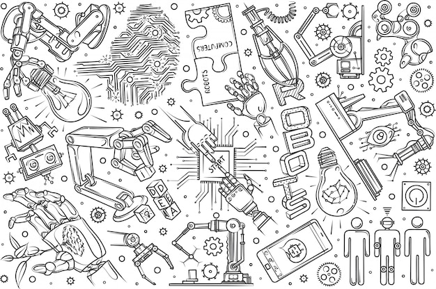 Hand drawn robotics set doodle  background