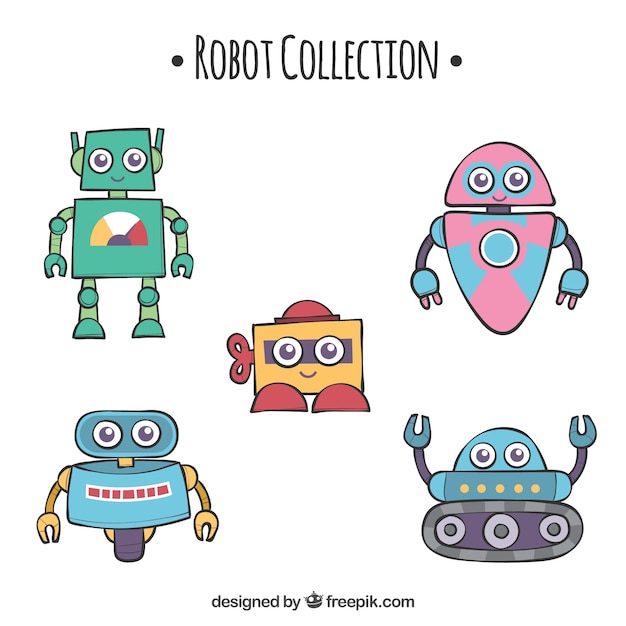 Collezione di robot disegnati a mano con diverse pose