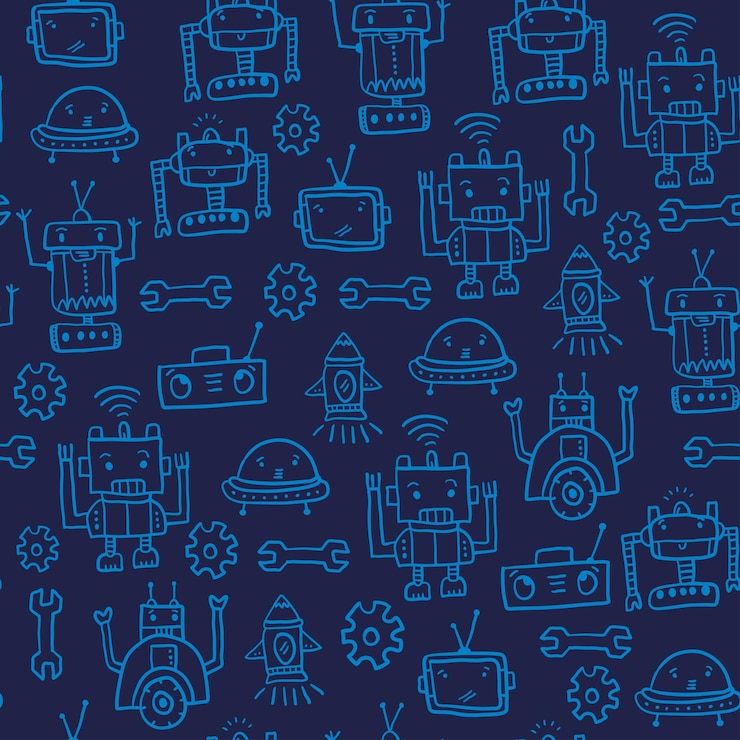 Vector hand drawn robots seamless pattern on dark blue background