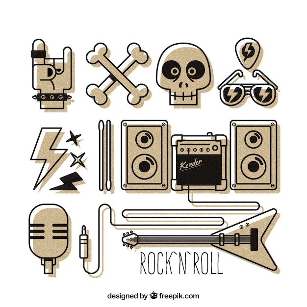 Rock and roll elementi disegnati a mano