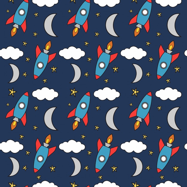 hand drawn rockets and crescent moon seamless pattern