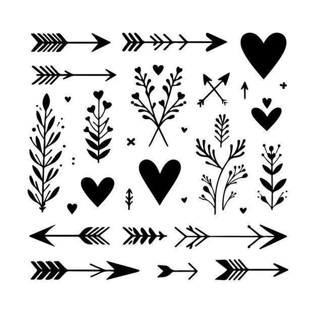 Hand drawn romantic arrows set