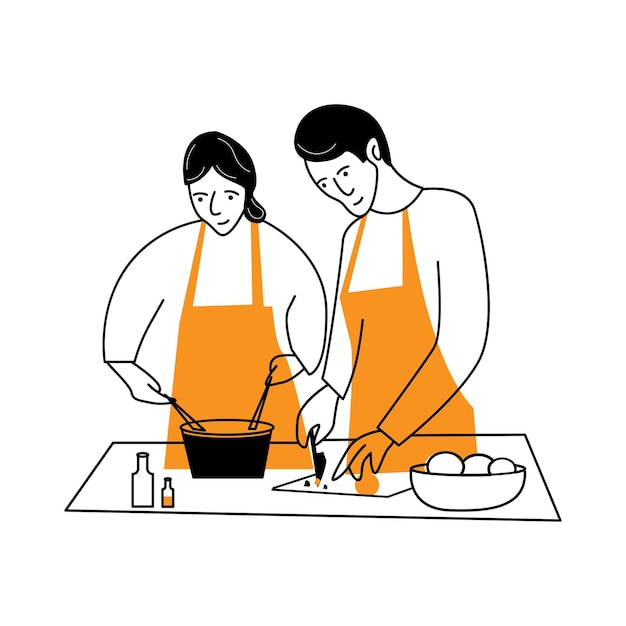손으로 그려진 로맨틱 한 커플 가족이 라이프 스타일 요리를 준비합니다.