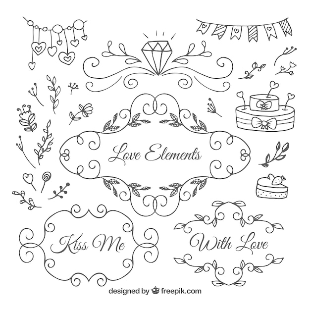 Vector hand drawn romantic ornaments pack