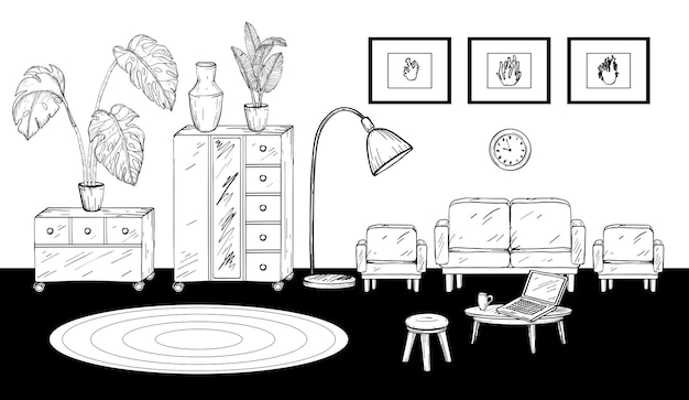 Hand drawn room interior sketch Black and white