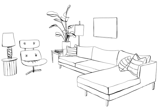 Ручной рисунок интерьера комнаты кресло, диван и другая мебель