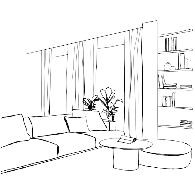 Hand drawn room interior sketch Furniture sketch Living room