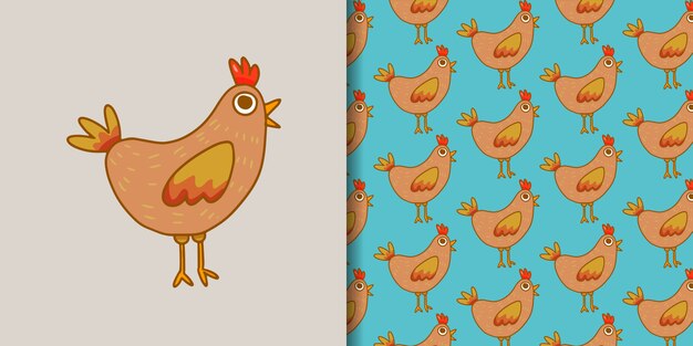 Hand drawn rooster with seamless pattern