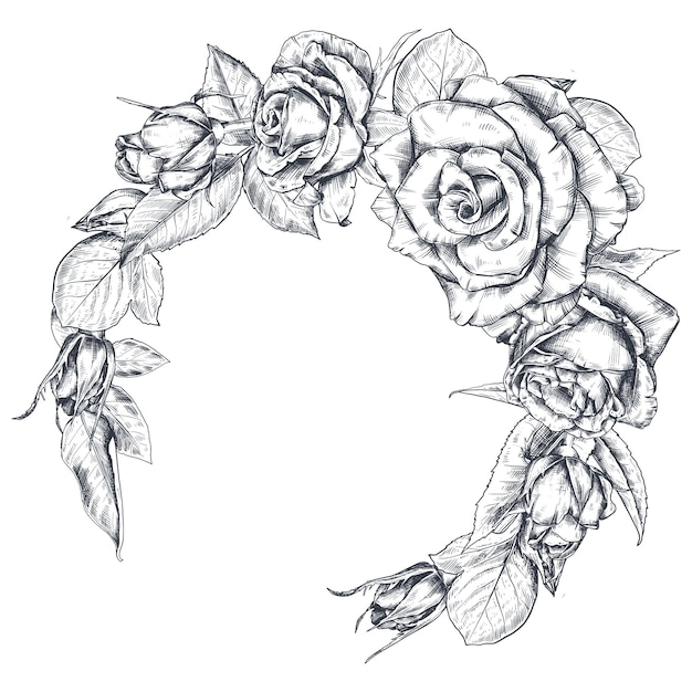 Hand drawn rose flowers wreath isolated on white background beautiful vector sketch summer botanical illustration