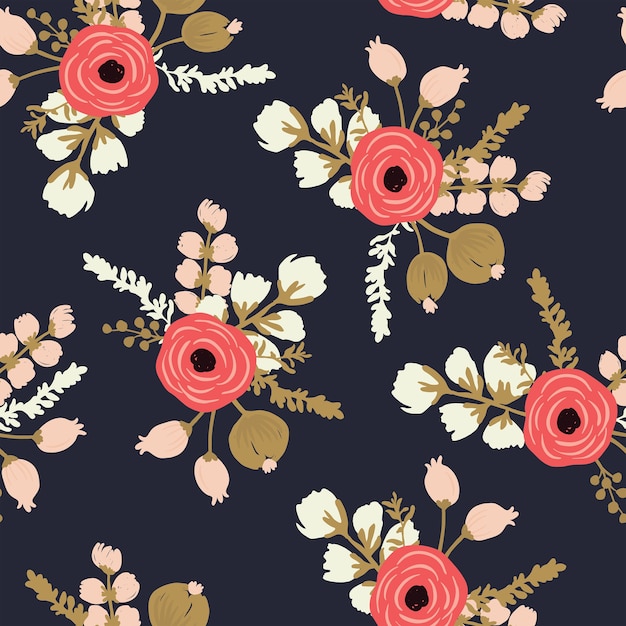 Hand drawn rose seamless modern floral pattern