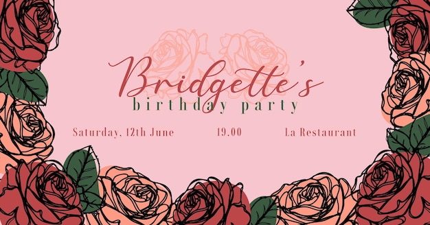 Vector hand-drawn roses brithday invitation card and banner