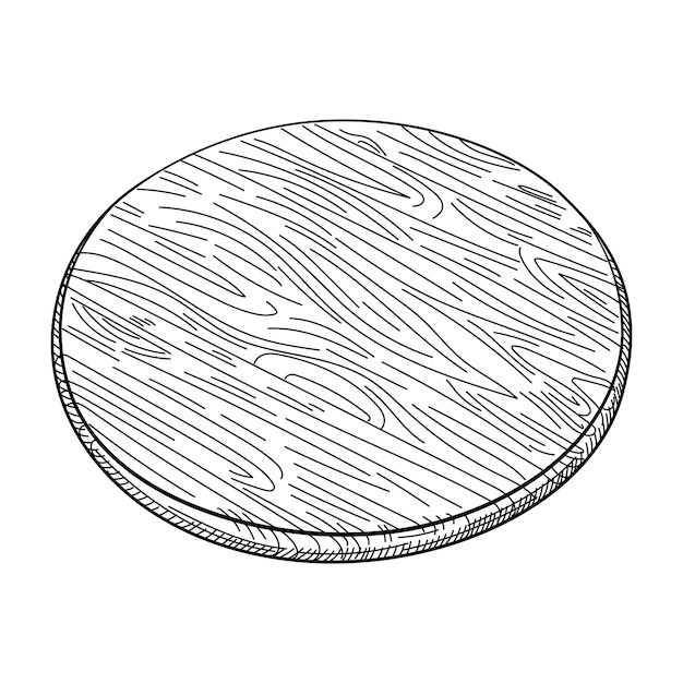 Hand drawn round cutting wooden board Isolated on white Pizza serving board Kitchen utensils sketch Engraving style