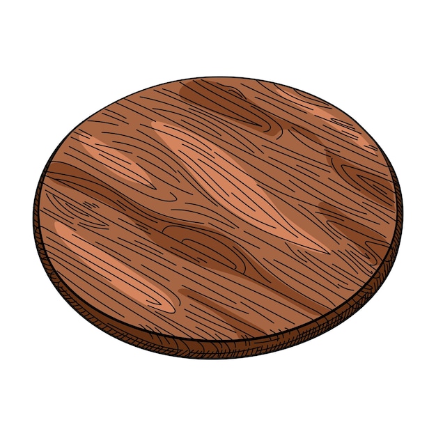 Vector hand drawn round cutting wooden board pizza serving board kitchen utensils sketch engraving style