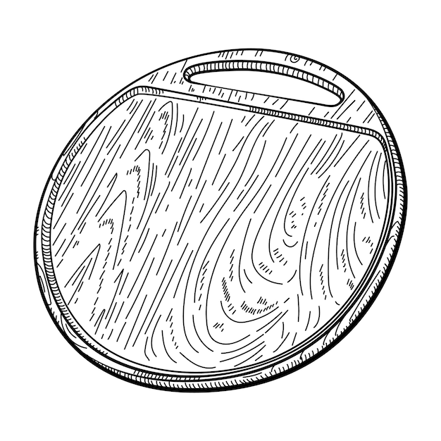 흰색 주방 용품 스케치 조각 스타일에 손잡이가 있는 손으로 그린 라운드 커팅 나무 보드