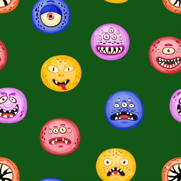 Hand drawn round doodle monsters characters with different expressions cheerful face emotions