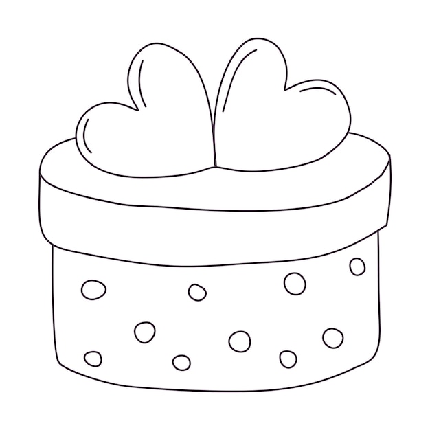 Scatola regalo rotonda disegnata a mano con cuori simbolo della celebrazione delle vacanze di compleanno vettore di doodle a contorno illustrazione in bianco e nero isolata su uno sfondo bianco