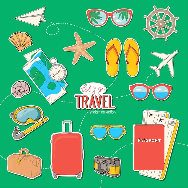 Vector hand  drawn s et of stickers on the theme of summer travel