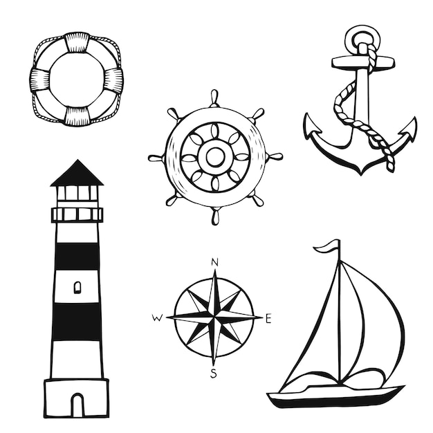 Нарисованные вручную символы парусного спорта Морская тема Элементы концепции Ve